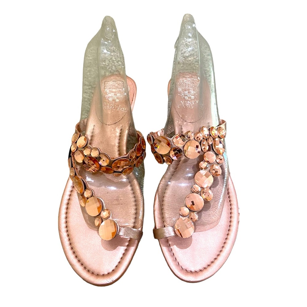 Vince Camuto rose gold crystal encrusted leather toe sandals small wedge sz 8.5